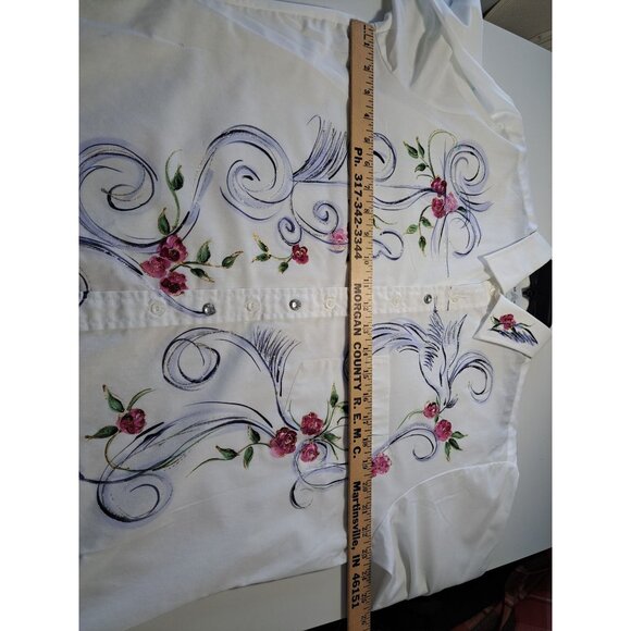 Hand-Painted Creative Artwear White Button-Up Shirt  Floral  Bird Women's Med - Picture 8 of 12